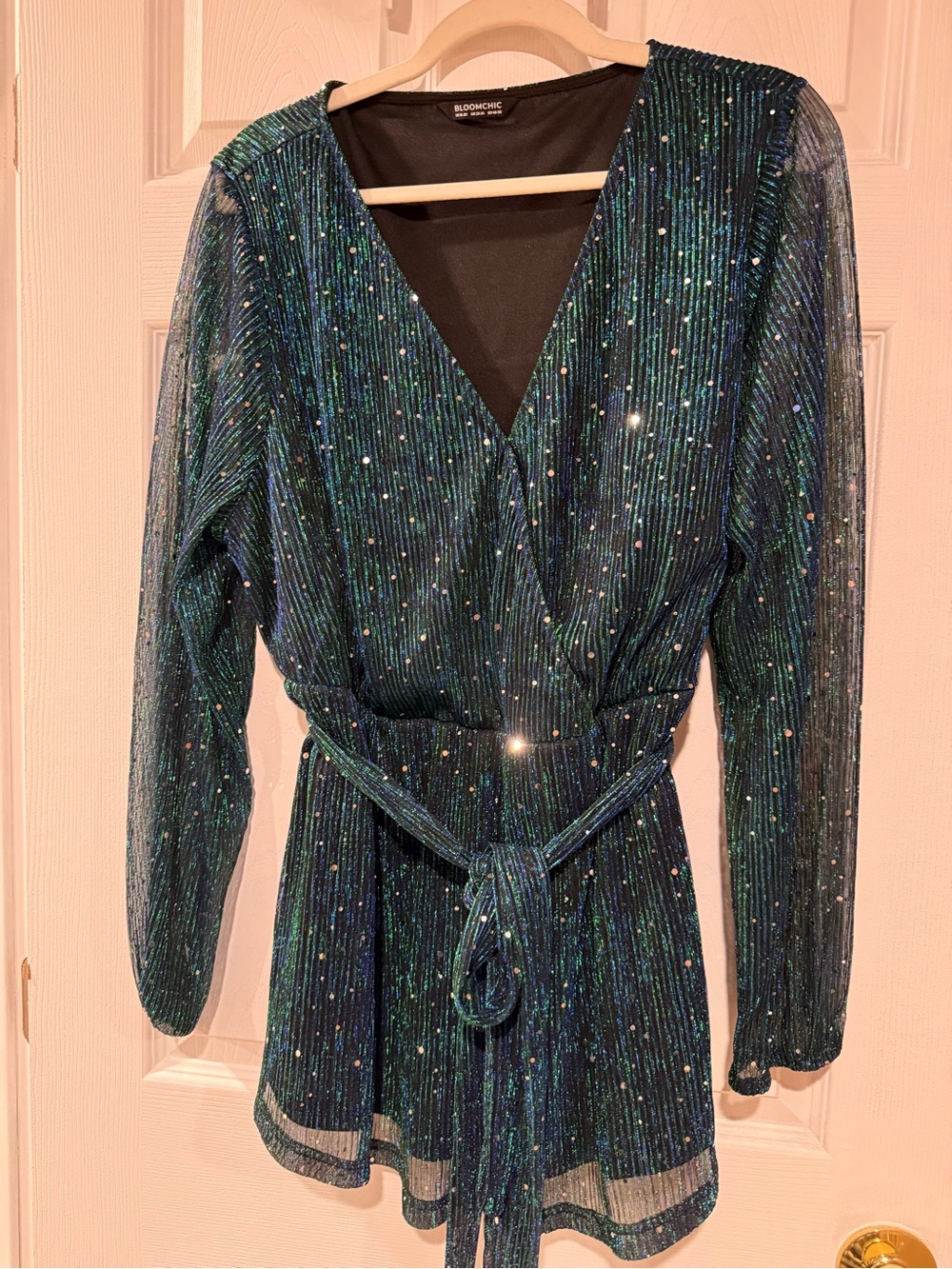 Bloomingdale's Teal Blue Glitter Wrap Long-Sleeve Mini Dress 2x